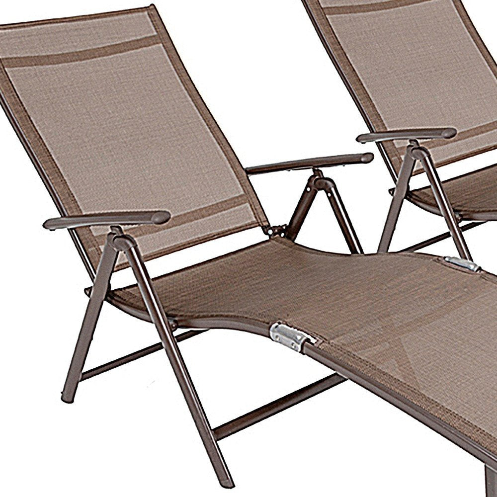 Set of Two Brown Aluminum Eight Position Adjustable Sling Outdoor Folding Chaise Lounges HomeRoots