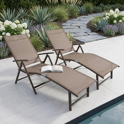 Set of Two Brown Aluminum Eight Position Adjustable Sling Outdoor Folding Chaise Lounges HomeRoots