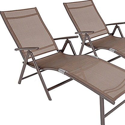 Set of Two Brown Aluminum Eight Position Adjustable Sling Outdoor Folding Chaise Lounges HomeRoots