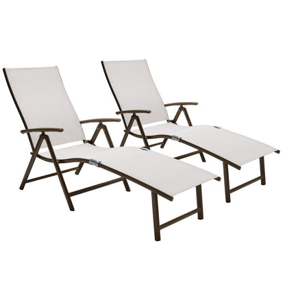 Set of Two Light Gray Aluminum Eight Position Adjustable Sling Outdoor Folding Chaise Lounges HomeRoots