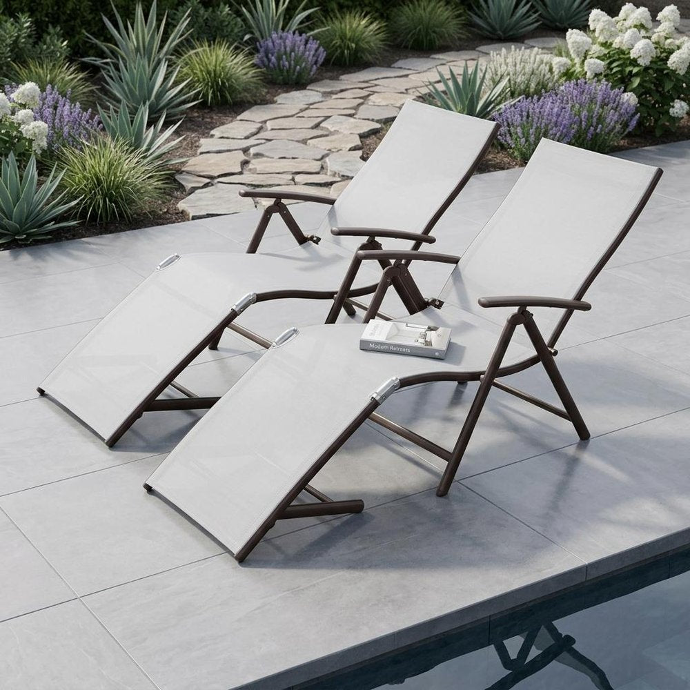Set of Two Light Gray Aluminum Eight Position Adjustable Sling Outdoor Folding Chaise Lounges — view 1