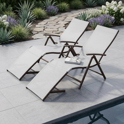 Set of Two Light Gray Aluminum Eight Position Adjustable Sling Outdoor Folding Chaise Lounges HomeRoots