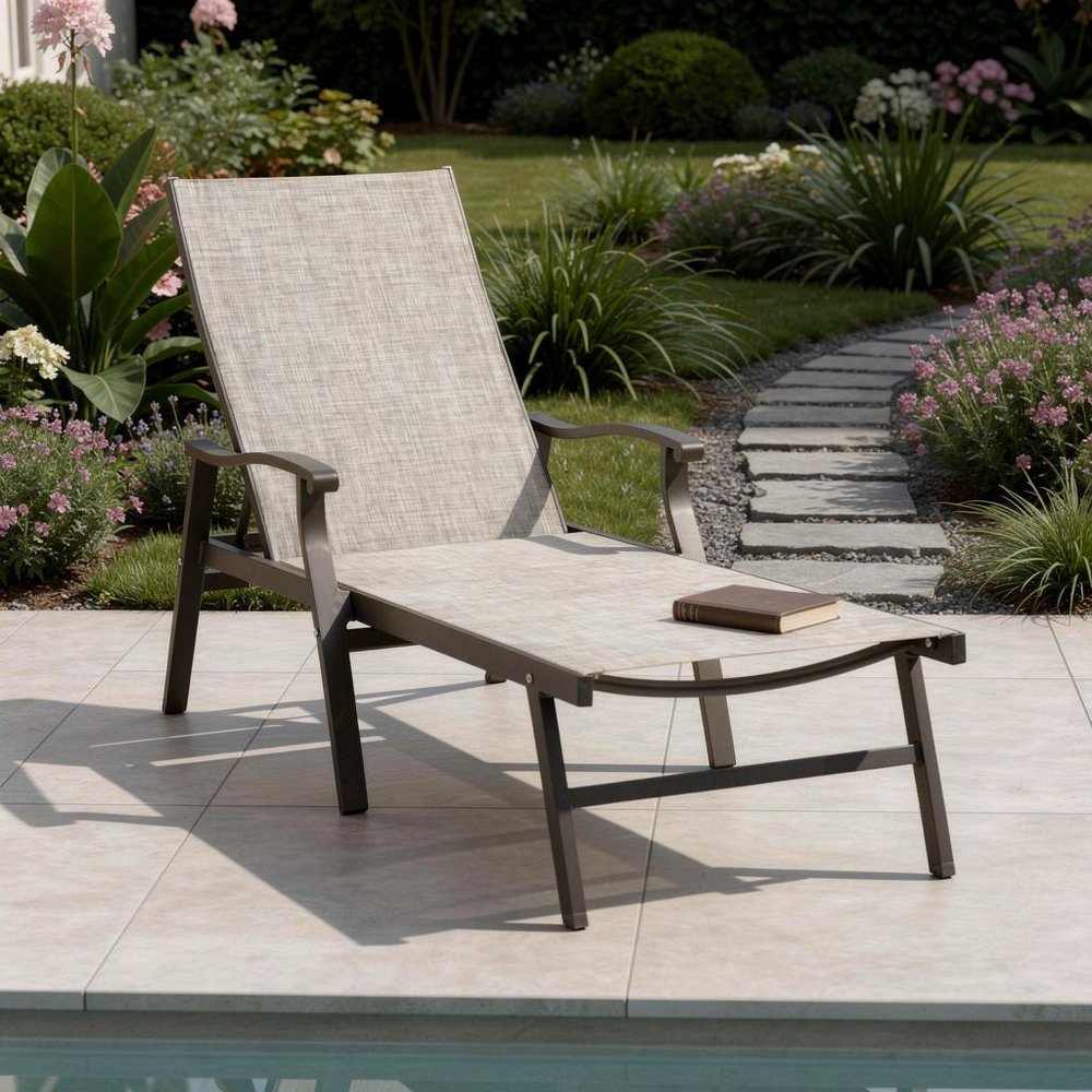 44" Beige Aluminum Six Position Adjustable Sling Outdoor Chaise Lounge — view 1