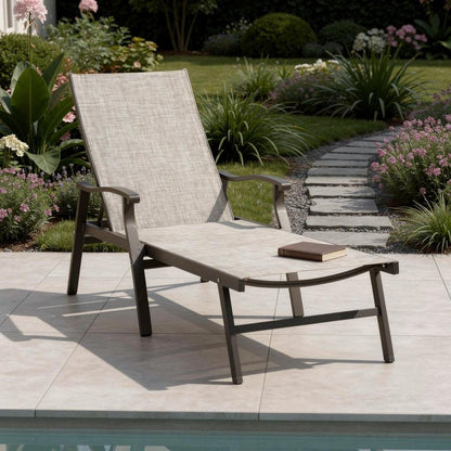44" Beige Aluminum Six Position Adjustable Sling Outdoor Chaise Lounge HomeRoots