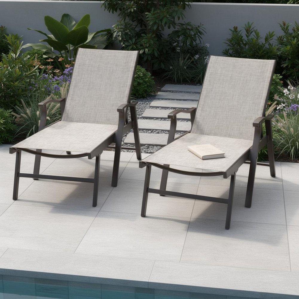 Set of Two Beige Aluminum Six Position Adjustable Outdoor Chaise Lounges — view 1