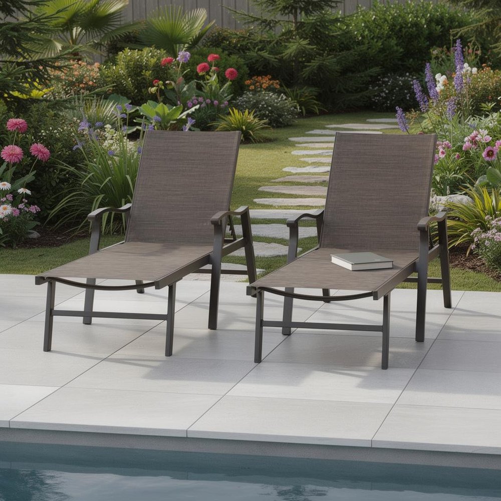 Set of Two Brown Aluminum Six Position Adjustable Sling Outdoor Chaise Lounges HomeRoots