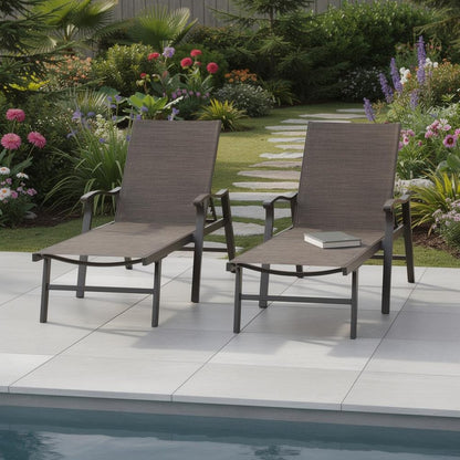 Set of Two Brown Aluminum Six Position Adjustable Sling Outdoor Chaise Lounges HomeRoots