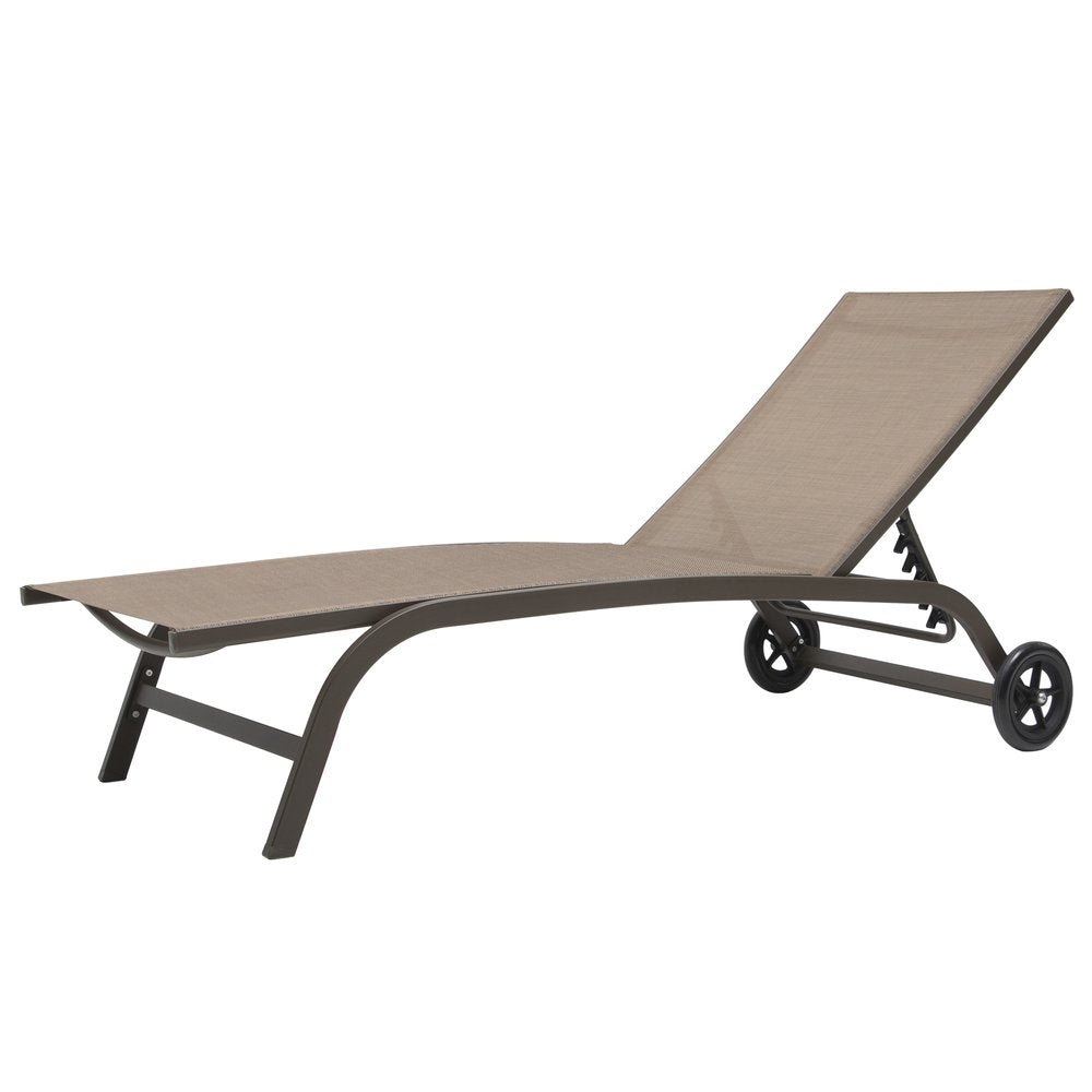 Set of Two Brown Aluminum Six Position Adjustable Sling Outdoor Chaise Lounges HomeRoots