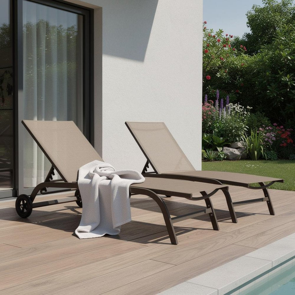 Set of Two Brown Aluminum Six Position Adjustable Sling Outdoor Chaise Lounges HomeRoots