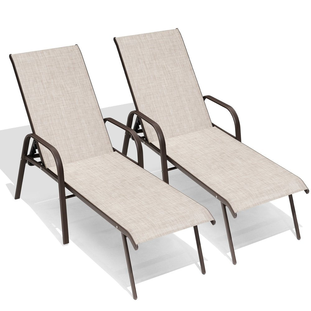 Set of Two Beige Steel Six Position Adjustable Sling Outdoor Chaise Lounges HomeRoots