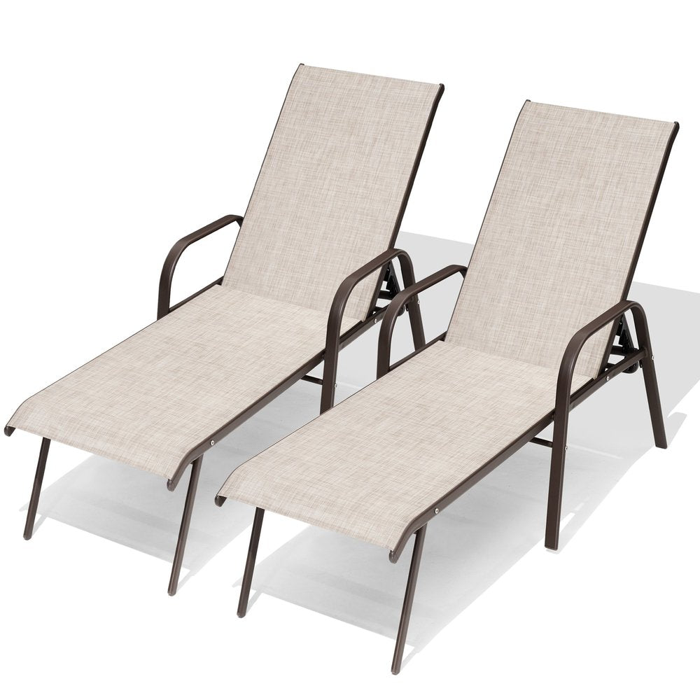 Set of Two Beige Steel Six Position Adjustable Sling Outdoor Chaise Lounges HomeRoots