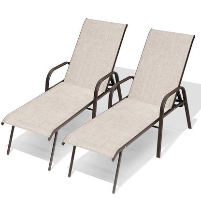Set of Two Beige Steel Six Position Adjustable Sling Outdoor Chaise Lounges HomeRoots