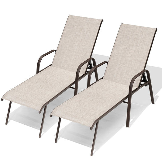 Set of Two Beige Steel Six Position Adjustable Sling Outdoor Chaise Lounges