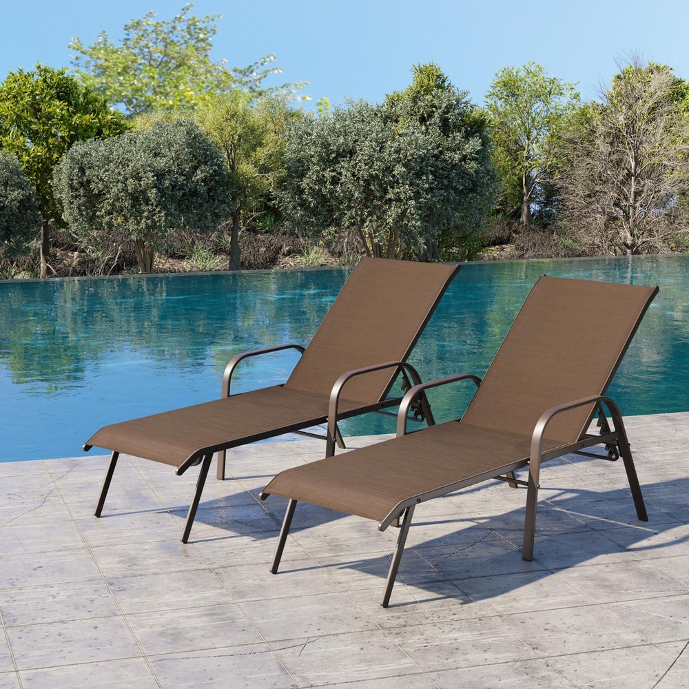 Set of Two Brown Steel Six Position Adjustable Sling Outdoor Chaise Lounges — view 4