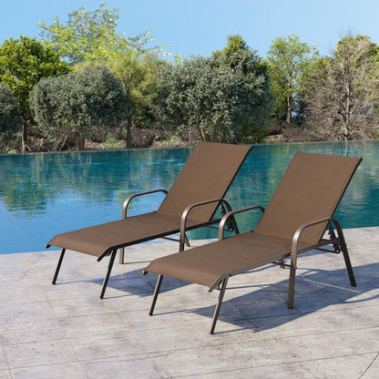 Set of Two Brown Steel Six Position Adjustable Sling Outdoor Chaise Lounges HomeRoots