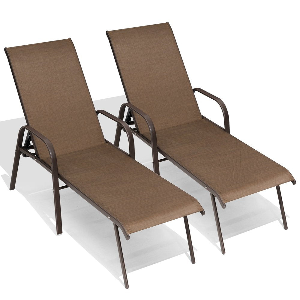 Set of Two Brown Steel Six Position Adjustable Sling Outdoor Chaise Lounges HomeRoots