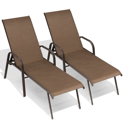 Set of Two Brown Steel Six Position Adjustable Sling Outdoor Chaise Lounges HomeRoots