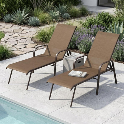 Set of Two Brown Steel Six Position Adjustable Sling Outdoor Chaise Lounges HomeRoots