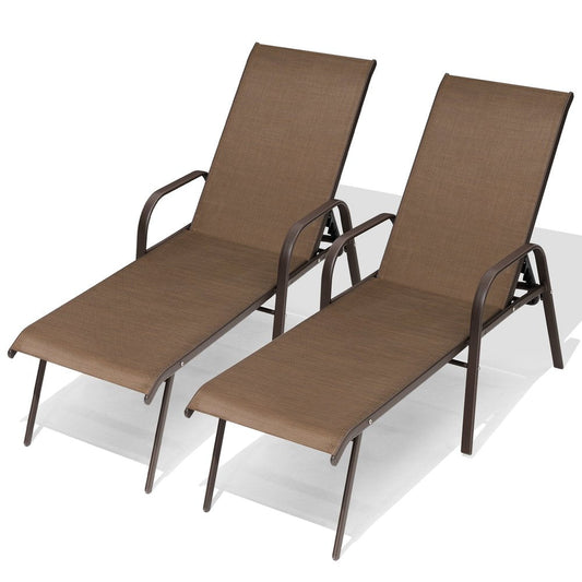 Set of Two Brown Steel Six Position Adjustable Sling Outdoor Chaise Lounges