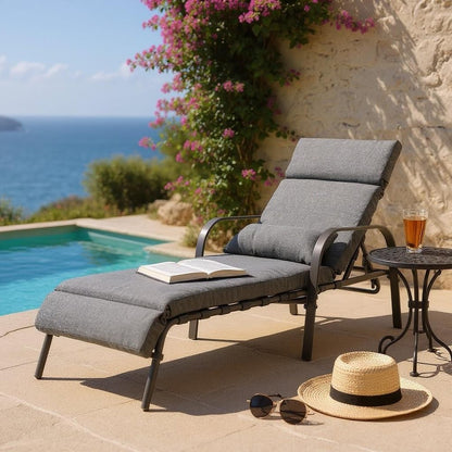 40" Dark Gray Steel Five Position Adjustable Outdoor Chaise Lounge with Gray Cushion HomeRoots