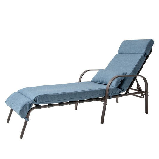 40" Brown Steel Five Position Adjustable Outdoor Folding Chaise Lounge with Dark Blue Cushion