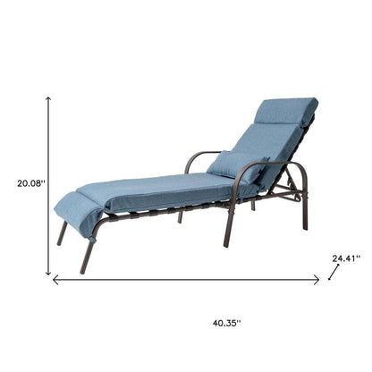 40" Brown Steel Five Position Adjustable Outdoor Folding Chaise Lounge with Dark Blue Cushion
