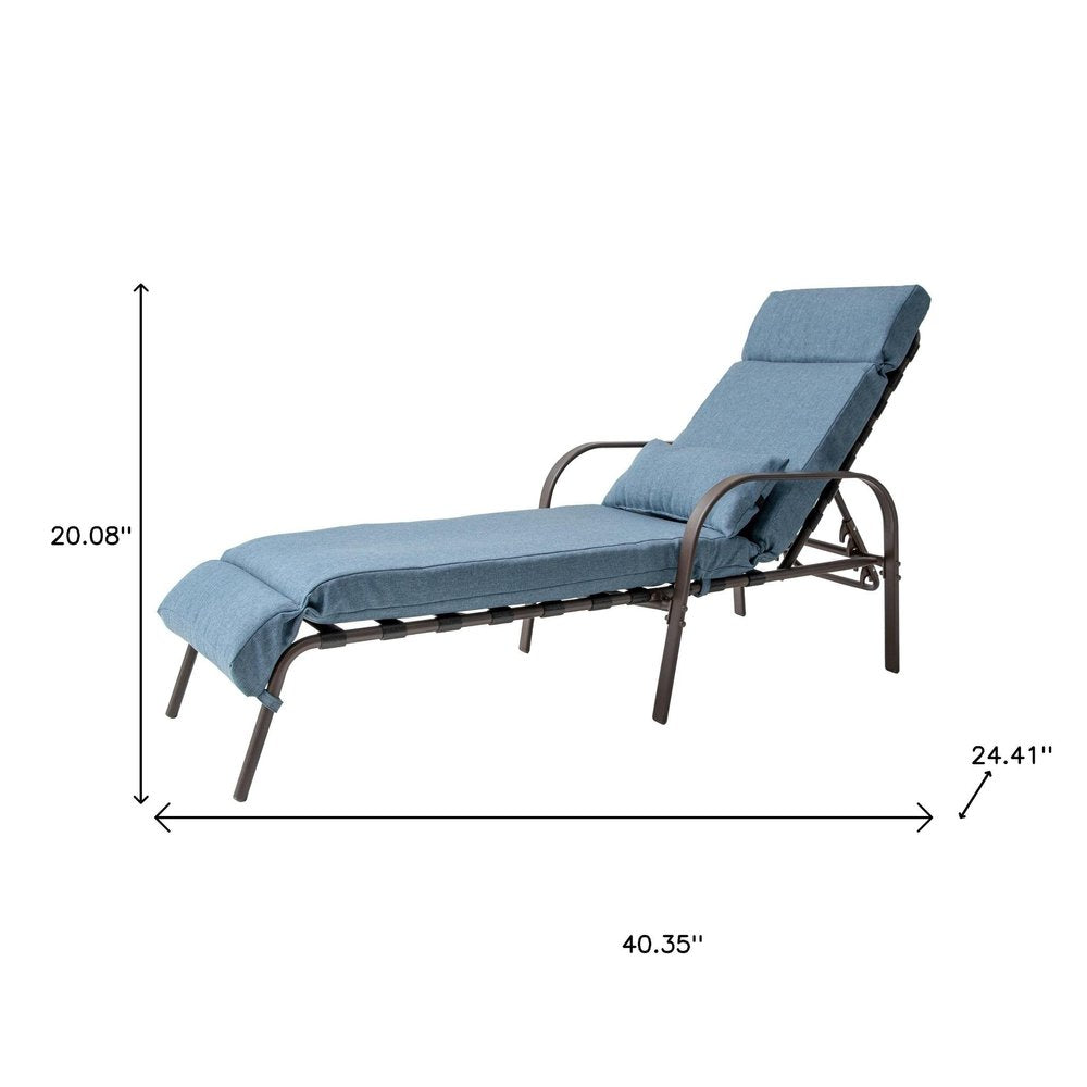40" Brown Steel Five Position Adjustable Outdoor Folding Chaise Lounge with Dark Blue Cushion HomeRoots