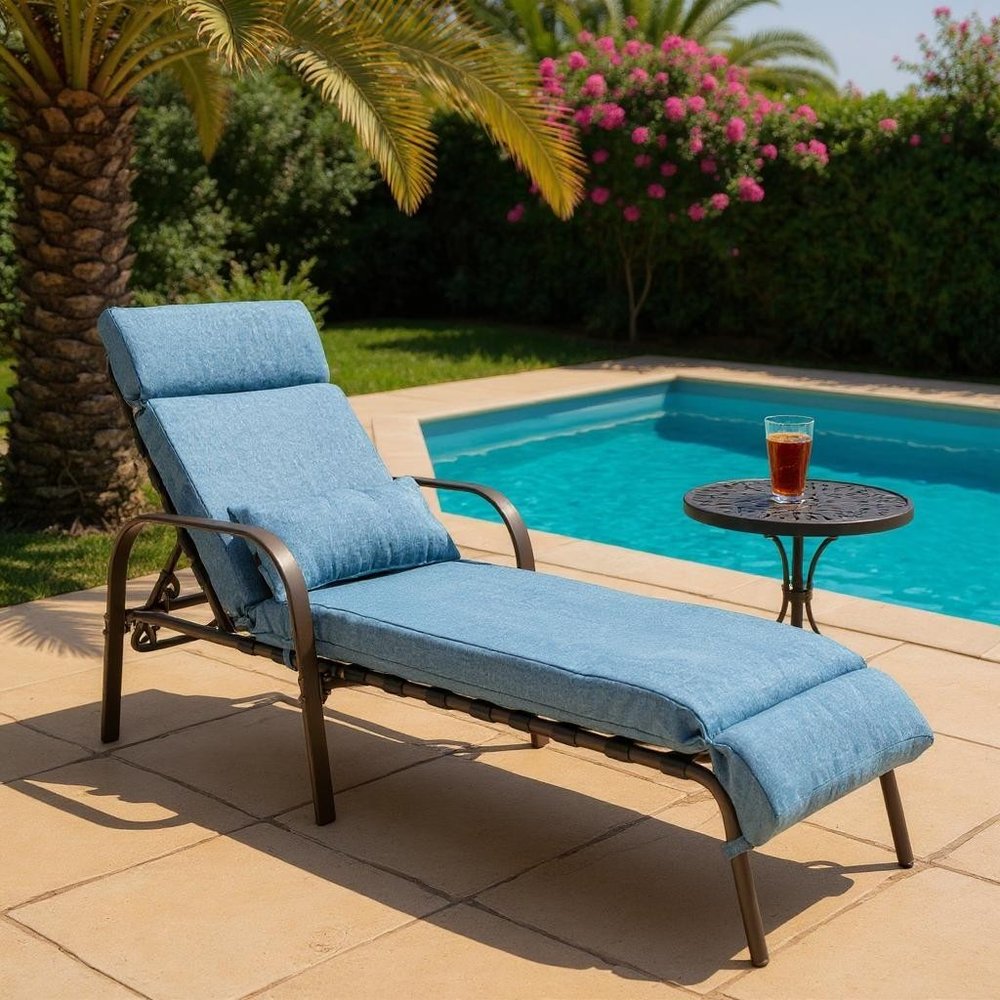 40" Brown Steel Five Position Adjustable Outdoor Folding Chaise Lounge with Dark Blue Cushion HomeRoots