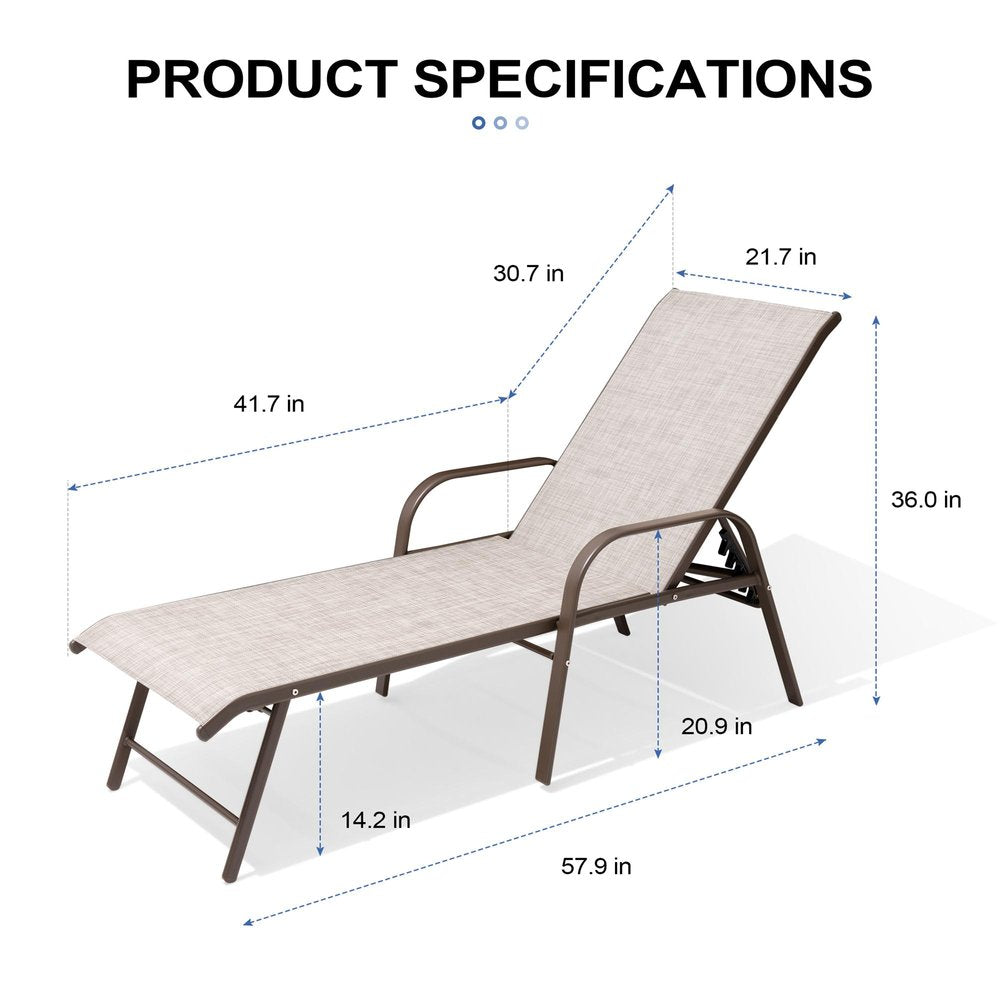 Set of Two Beige Aluminum Six Position Adjustable Sling Outdoor Stacking Chaise Lounges HomeRoots