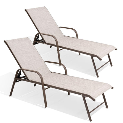 Set of Two Beige Aluminum Six Position Adjustable Sling Outdoor Stacking Chaise Lounges HomeRoots