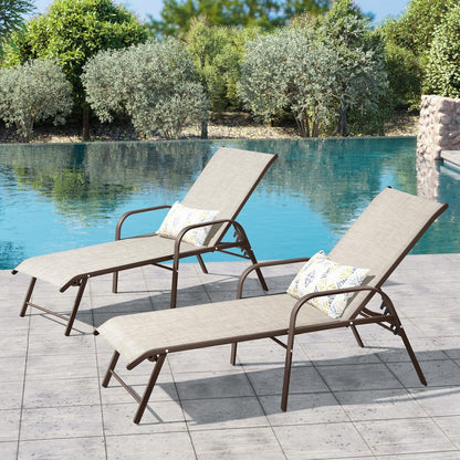 Set of Two Beige Aluminum Six Position Adjustable Sling Outdoor Stacking Chaise Lounges HomeRoots