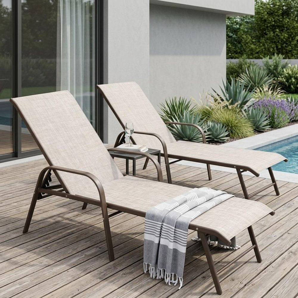 Set of Two Beige Aluminum Six Position Adjustable Sling Outdoor Stacking Chaise Lounges — view 1