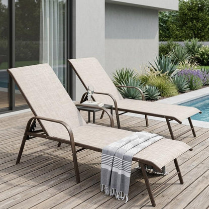 Set of Two Beige Aluminum Six Position Adjustable Sling Outdoor Stacking Chaise Lounges HomeRoots