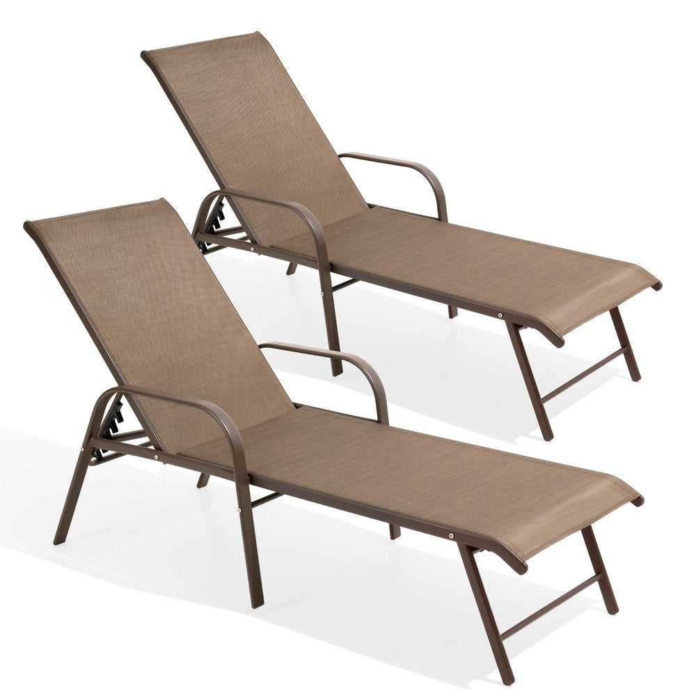 Set of Two Brown Aluminum Six Position Adjustable Sling Outdoor Stacking Chaise Lounges — view 2
