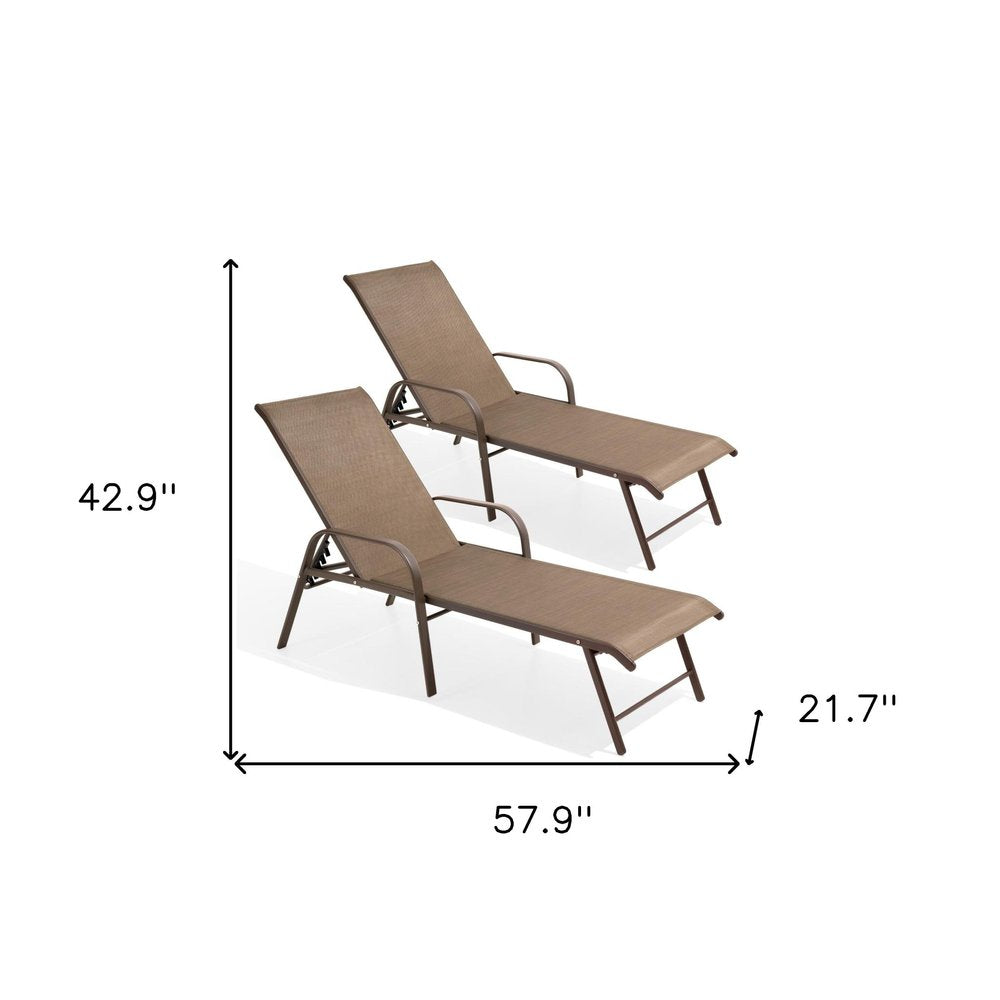 Set of Two Brown Aluminum Six Position Adjustable Sling Outdoor Stacking Chaise Lounges — view 4
