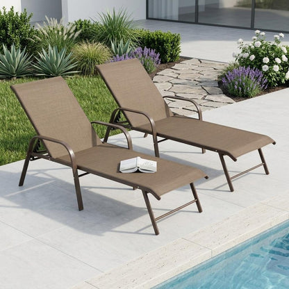 Set of Two Brown Aluminum Six Position Adjustable Sling Outdoor Stacking Chaise Lounges HomeRoots