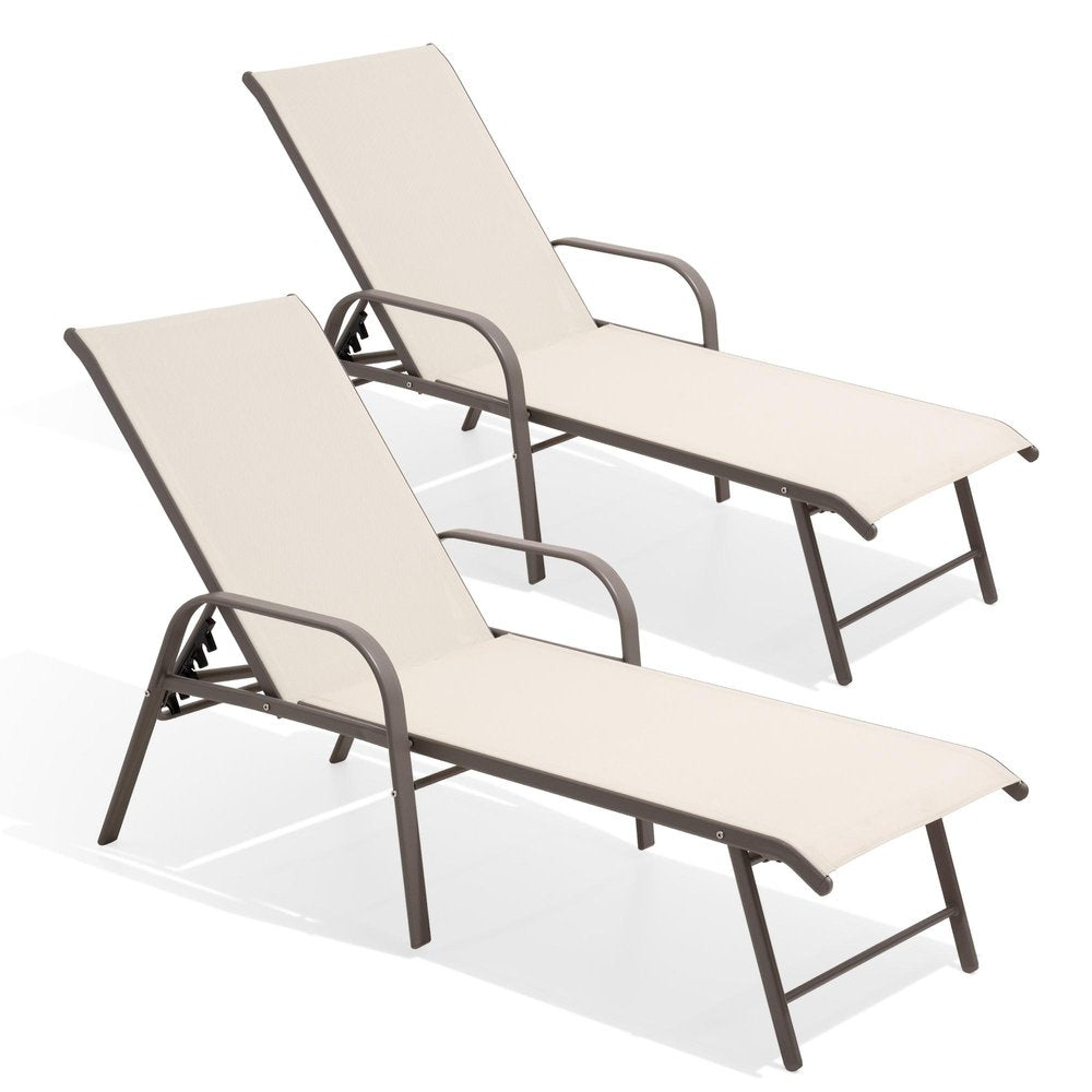 Set of Two Ivory Aluminum Six Position Adjustable Sling Outdoor Stacking Chaise Lounges — view 2