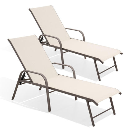 Set of Two Ivory Aluminum Six Position Adjustable Sling Outdoor Stacking Chaise Lounges HomeRoots