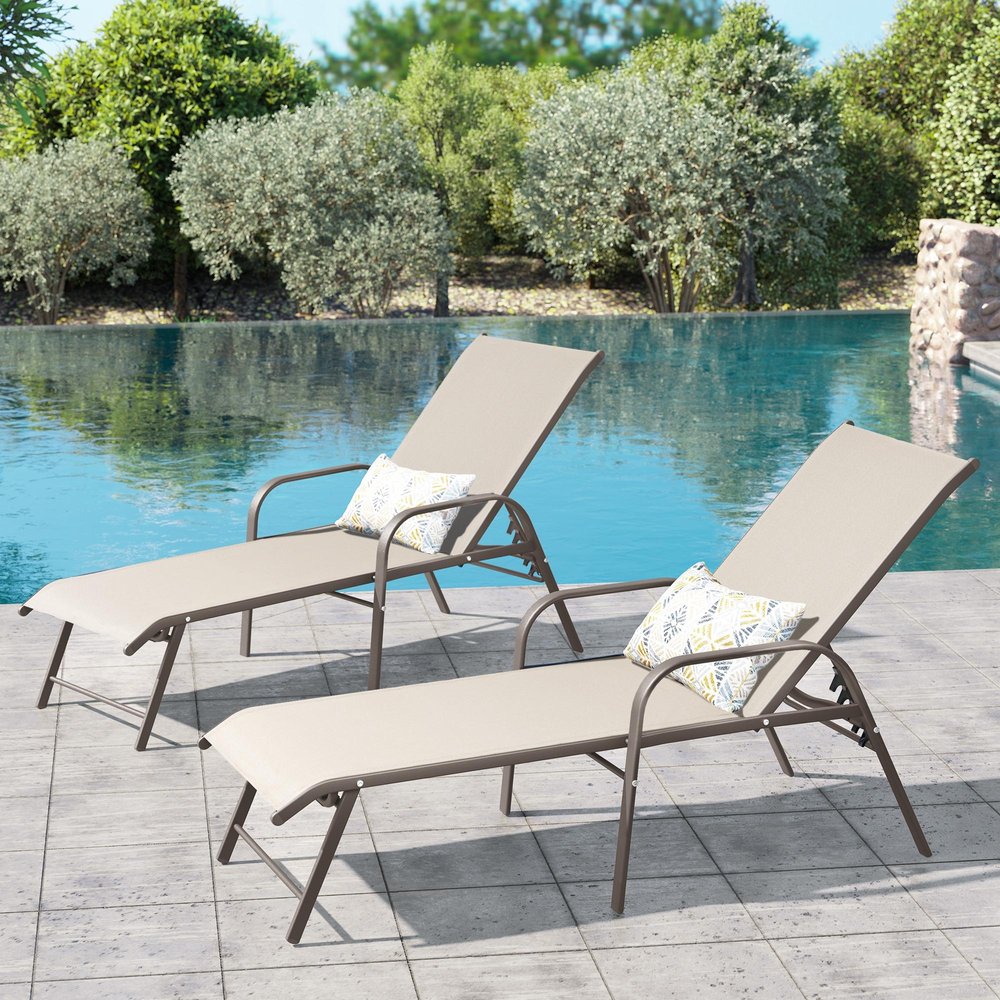 Set of Two Ivory Aluminum Six Position Adjustable Sling Outdoor Stacking Chaise Lounges HomeRoots
