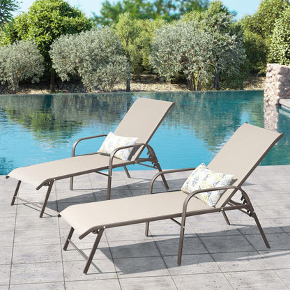Set of Two Ivory Aluminum Six Position Adjustable Sling Outdoor Stacking Chaise Lounges HomeRoots