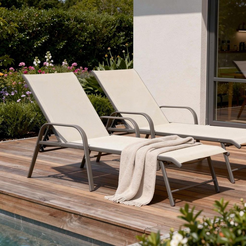 Set of Two Ivory Aluminum Six Position Adjustable Sling Outdoor Stacking Chaise Lounges HomeRoots