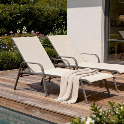 Set of Two Ivory Aluminum Six Position Adjustable Sling Outdoor Stacking Chaise Lounges HomeRoots