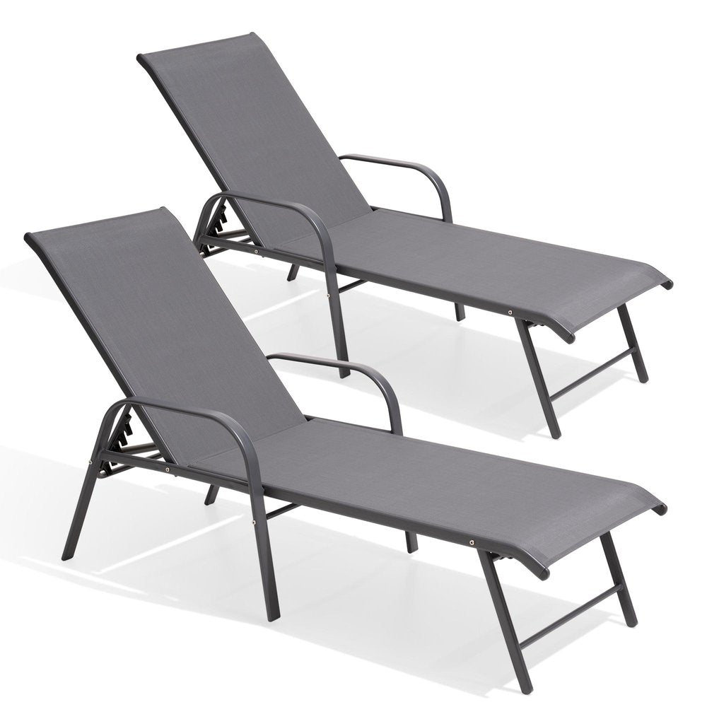 Set of Two Gray Aluminum Six Position Adjustable Outdoor Stacking Chaise Lounges HomeRoots