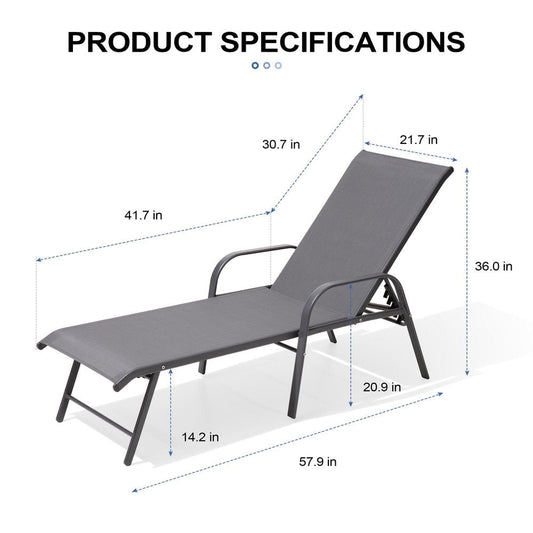 Set of Two Gray Aluminum Six Position Adjustable Outdoor Stacking Chaise Lounges