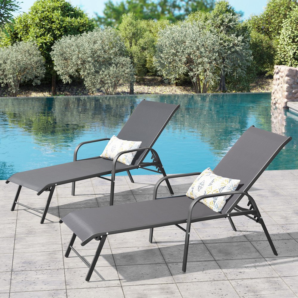 Set of Two Gray Aluminum Six Position Adjustable Outdoor Stacking Chaise Lounges HomeRoots