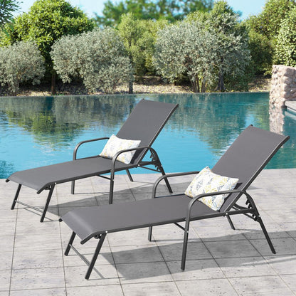 Set of Two Gray Aluminum Six Position Adjustable Outdoor Stacking Chaise Lounges HomeRoots