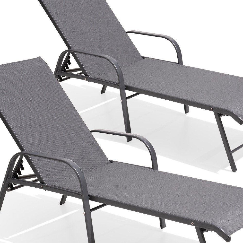 Set of Two Gray Aluminum Six Position Adjustable Outdoor Stacking Chaise Lounges HomeRoots