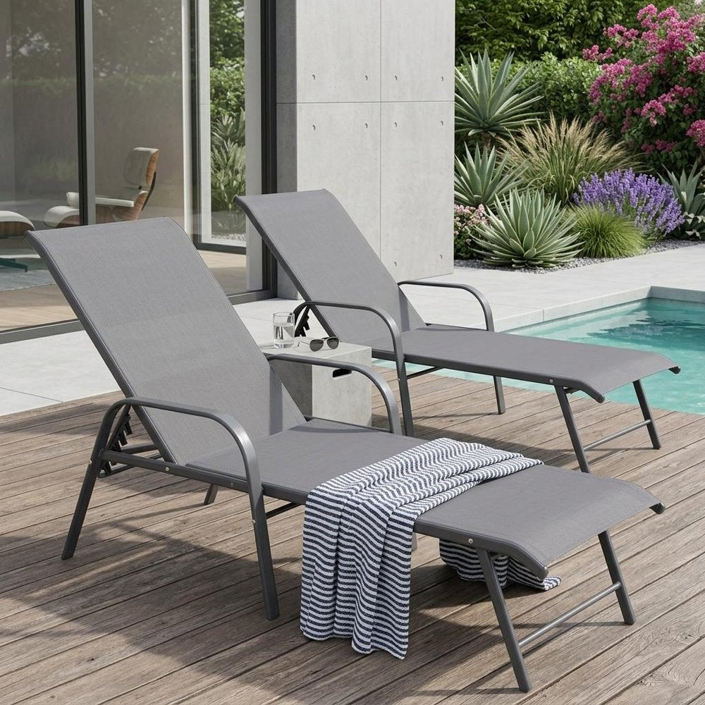 Set of Two Gray Aluminum Six Position Adjustable Outdoor Stacking Chaise Lounges HomeRoots