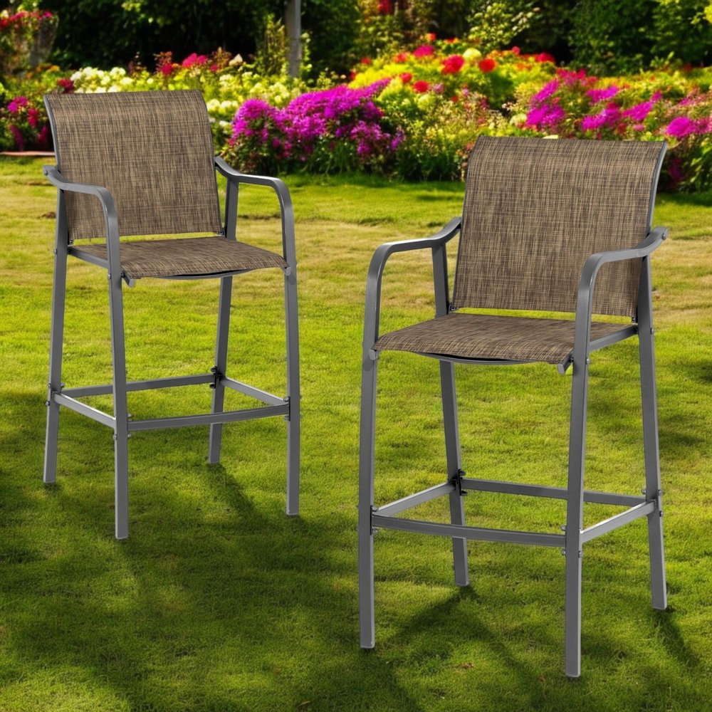Set of Two 28" Gray and Brown Steel Outdoor Bar Height Chairs HomeRoots