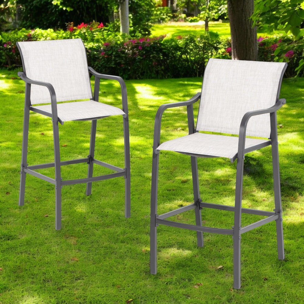 Set of Two 28" Gray Steel Outdoor Bar Height Chairs — view 1